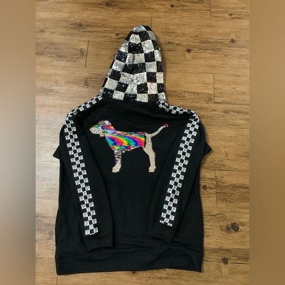 PINK VS CHECKERED FASHION SHOW RUNWAY BLING HOODIE LARGE - Picture 6 of 12